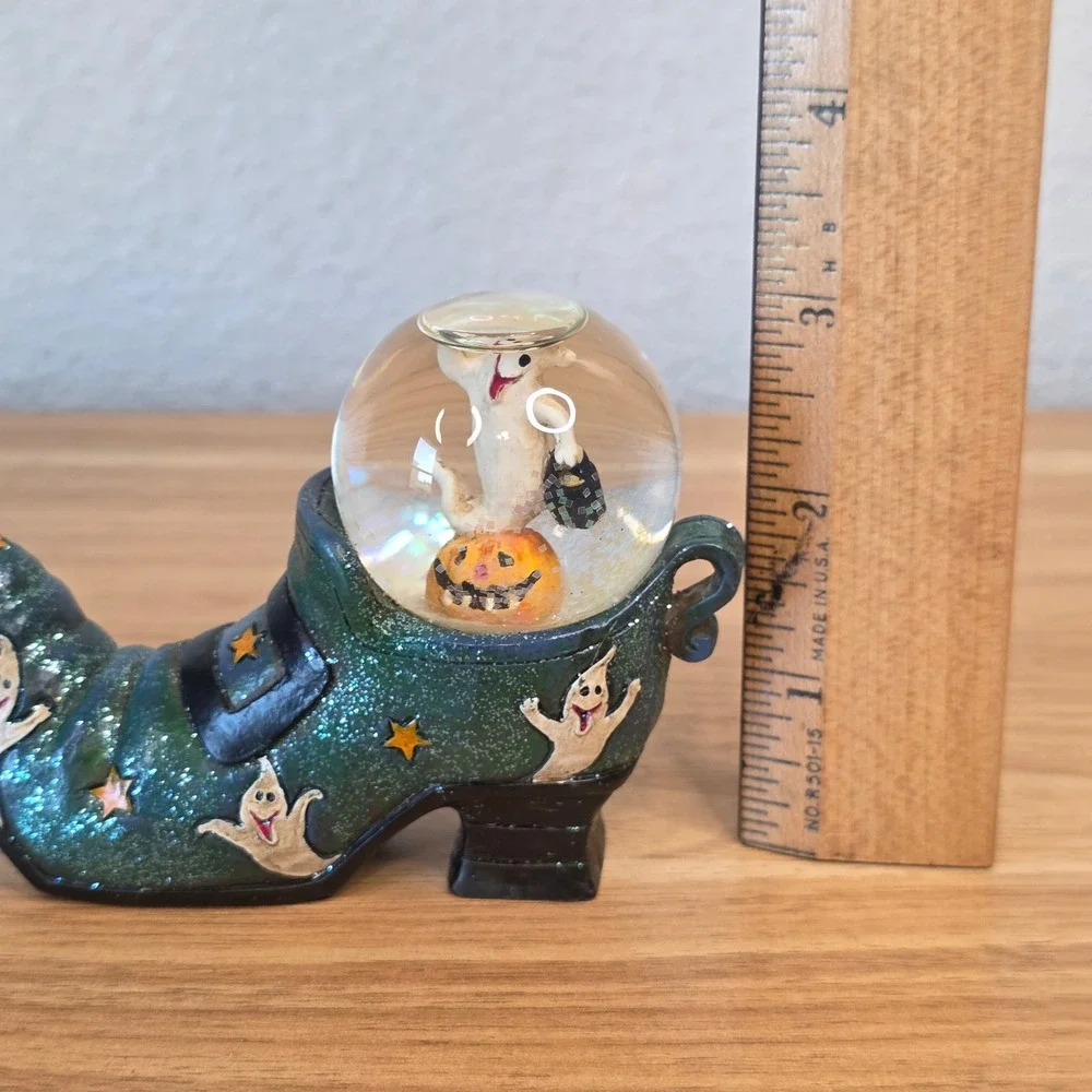 Halloween Snow Globe Witch Boot Set 4pc Black Cat Ghost Scarecrow Pumpkin